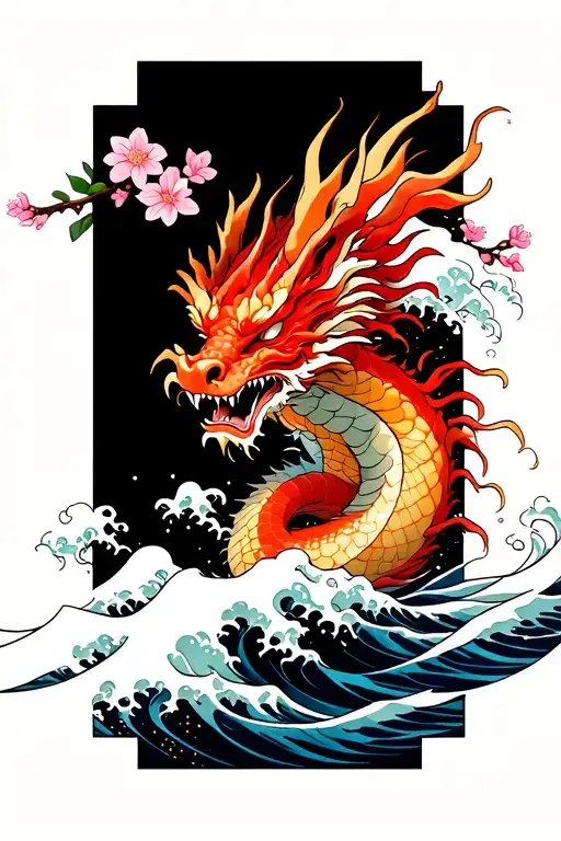 Red Dragon Cherry Blossom And Wave Crashing