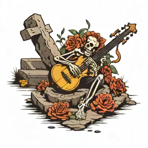 Skeleton Puts Down His Rifle And Bows In Front Of A Grave Stone