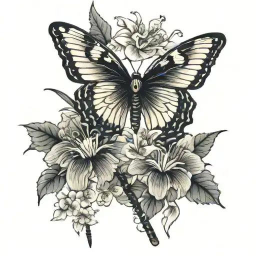 Butterfly With Lycoris Flowers And Katana