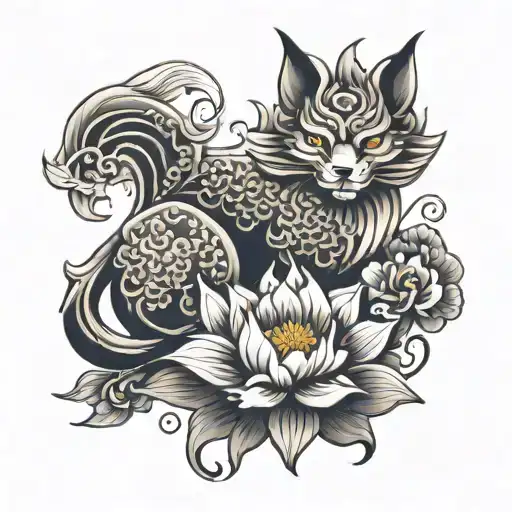 Japanese Nine Tail Fox Foo Dog Lotus Flower