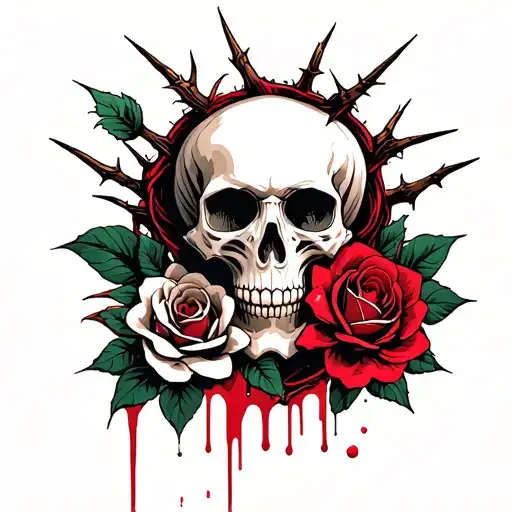 Skull And Roses With Thorns And Blood Flowing