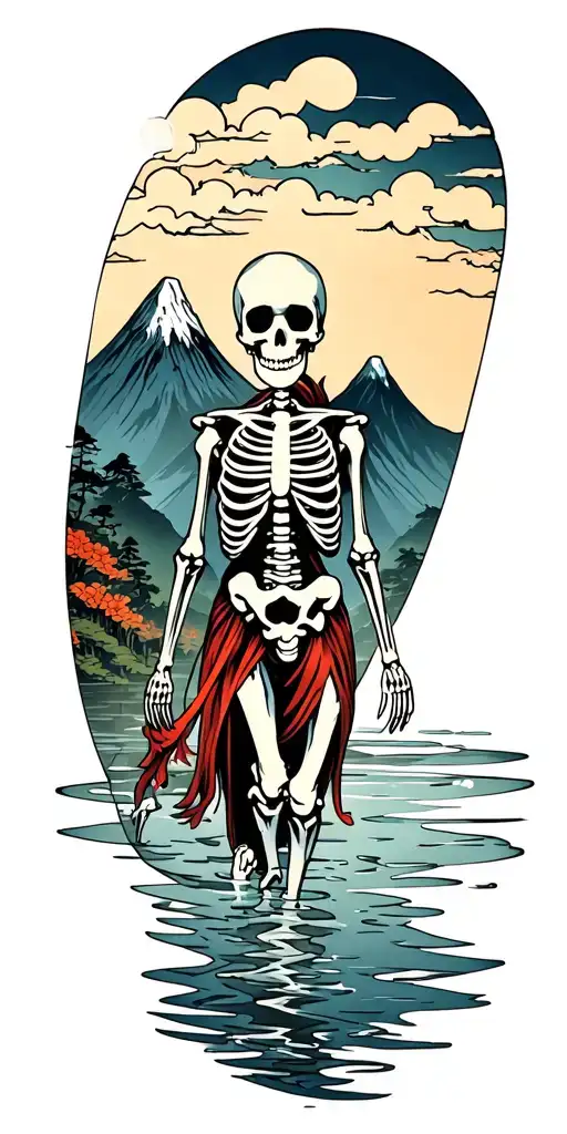 Skeleton Walking Into Water With Mountain In Background