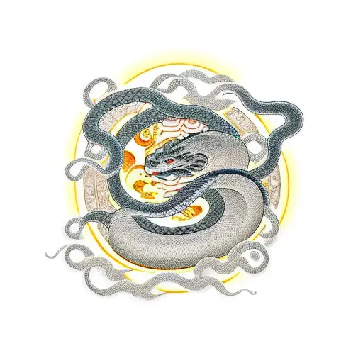 A Traditional Japanese Tattoo Design Incorporating A Snake And Sun Motif