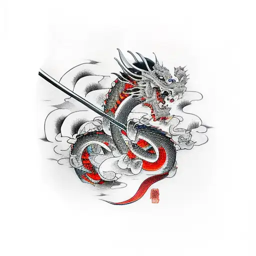 Katana Down The Middle And Japanese Dragon Wrapped Around Tattoo