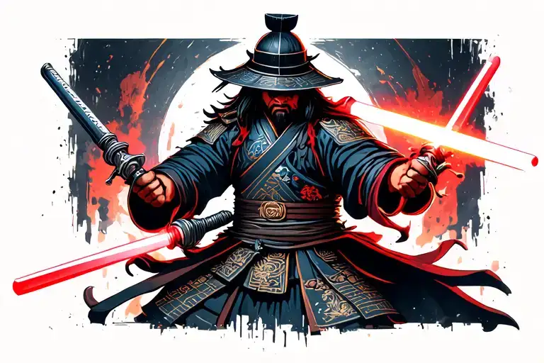Cyberpunk Samurai Dueling With Lightsabers
