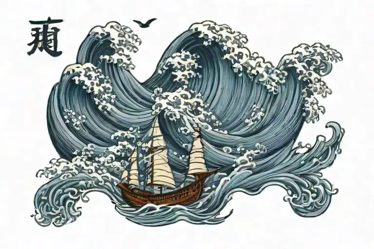 Japannese Wave With Paper Boat Sailing Ship