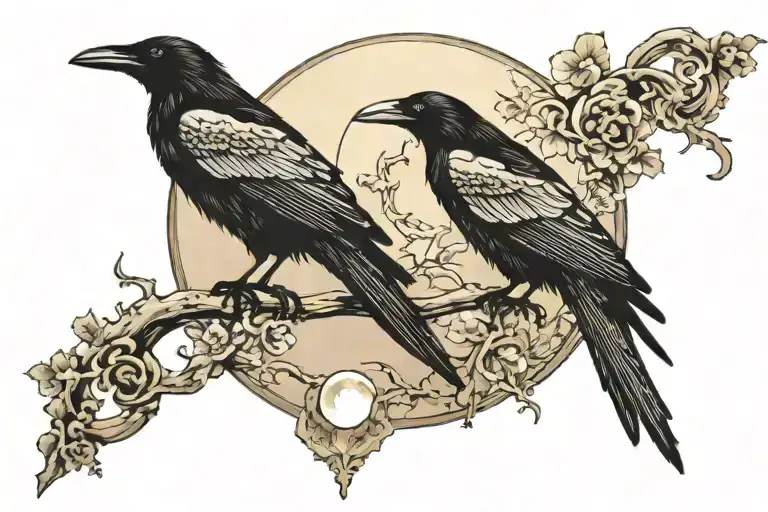 Silhouette Of A Crow Sitting On A Crystal With A Crescent Moon Above It