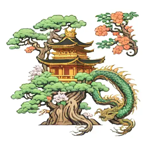 Dragon Trees And Japanese Temple And Flowers