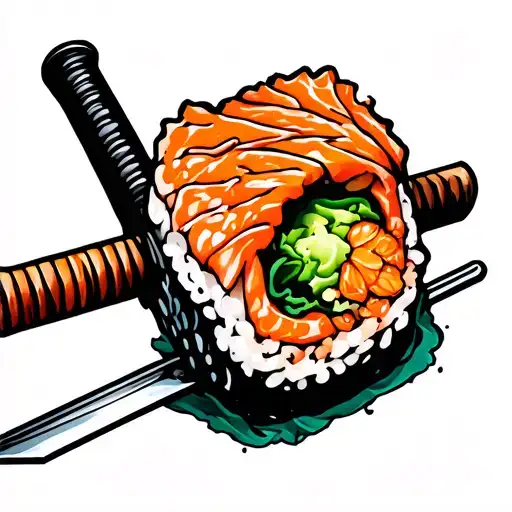 Piece Of Sushi With A Katana Through It