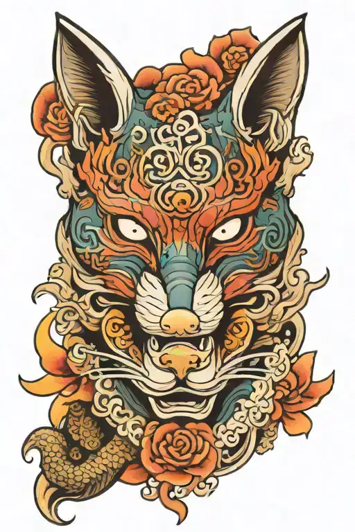 Japanese Fox Mask With Symbols And A Chinese Dragon Curling Underneath