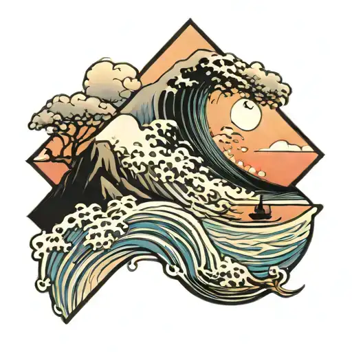 Mountain With Waves And Sunset Triangle Shape
