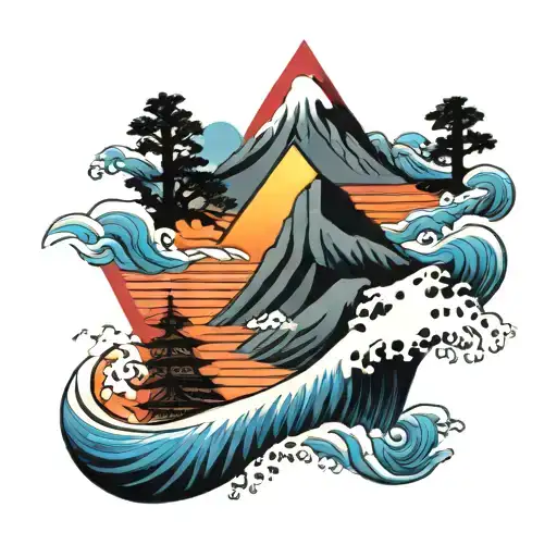 Mountain With Waves And Sunset Triangle Shape