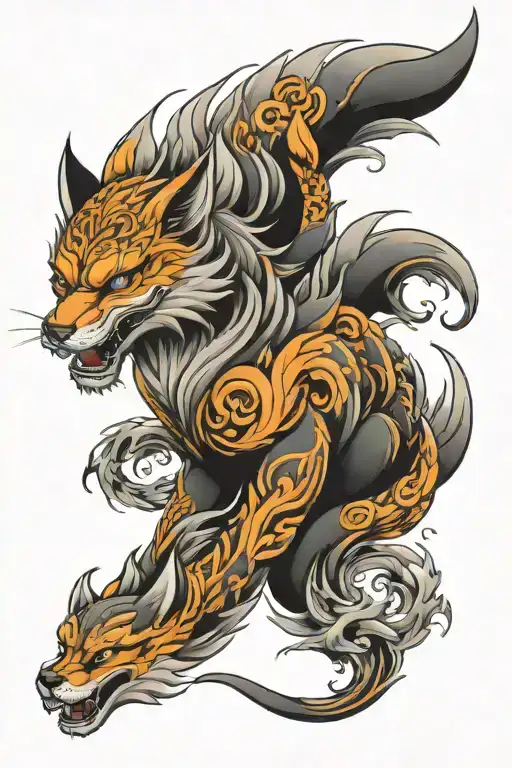Nine Tailed Fox Sleeve Tattoo Design Featuring