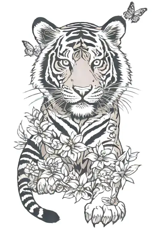 Tiger With Flowers And Butterflies