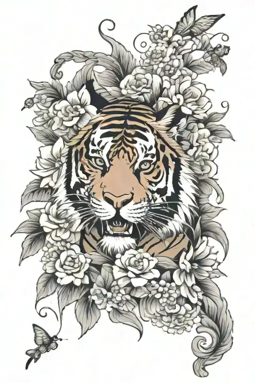Tiger With Flowers And Small Butterflies