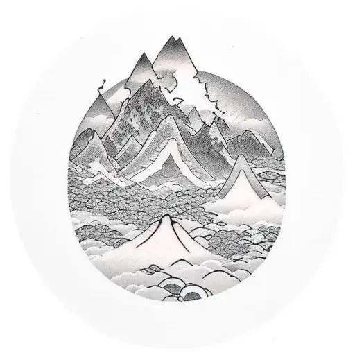 A Tattoo Of A Mountain Landscape With Travel Symbols Incorporated