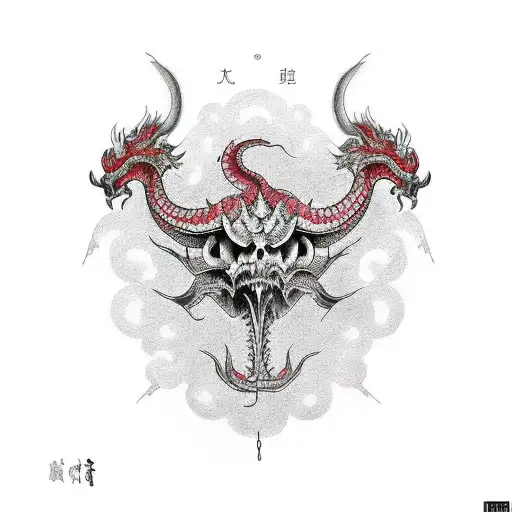 Dragon Skull And Chinese Symboles And Rores