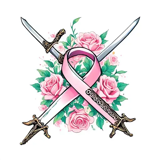 Breast Cancer Ribbon With A Sword Going Through It With Roses Surrounding