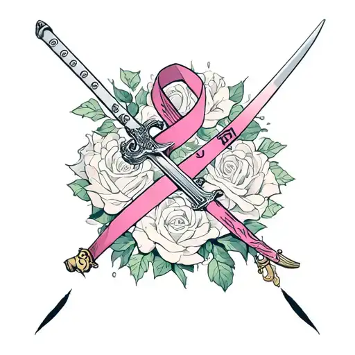 Breast Cancer Ribbon With A Sword Going Through It With Roses Surrounding