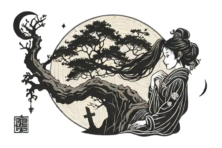 Silhouette Of A Girl In A Cemetery Against The Background Of The Moon Looking Up View From The Back