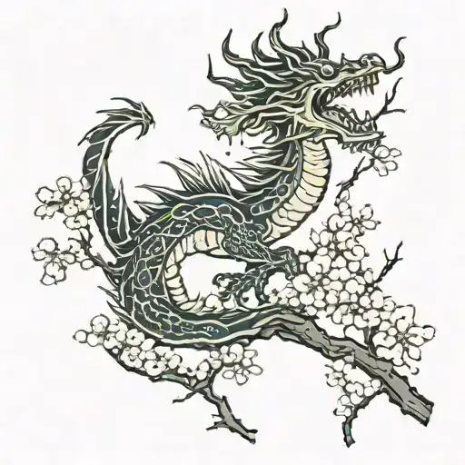 A Minimalist Tattoo Of A Dragon Breathing Fire Onto A Cherry Blossom Tree