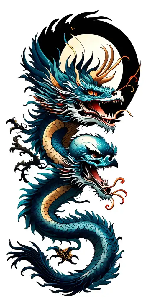 Chinese Dragon And Phoenix And Skull And Moon And Raven