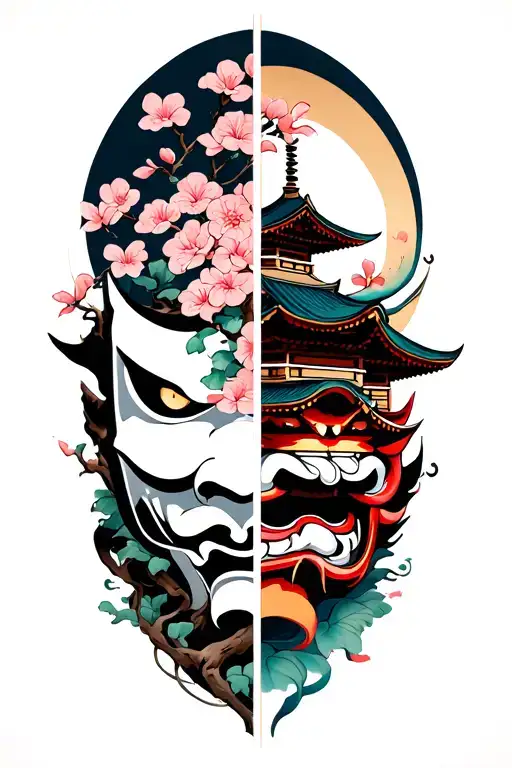 Chery Blossum Tree With A Pagoda And A Oni Mask Split In Half