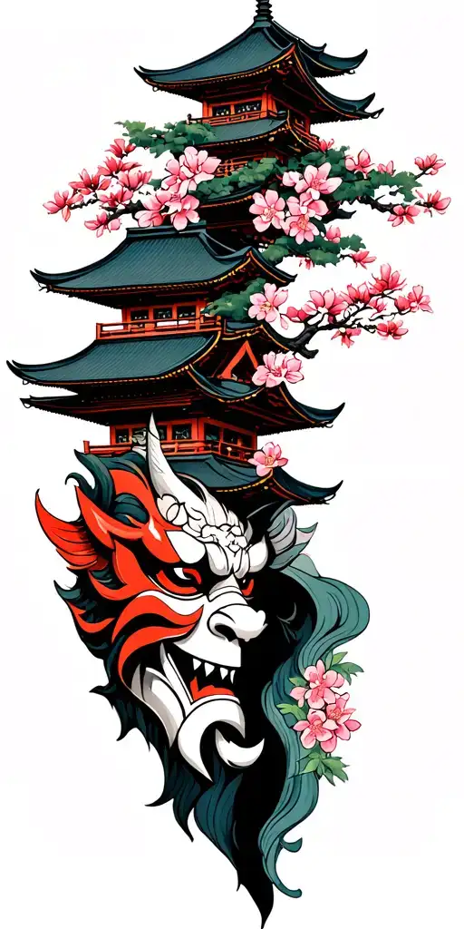 Chery Blossum Tree With A Pagoda And A Oni Mask Split In Half