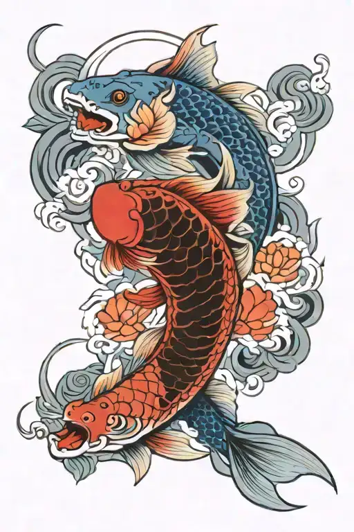 Koi Carp Dragon Lotus Flower