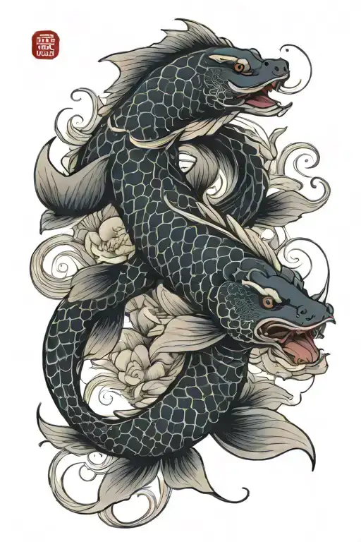 Koi Carp Dragon Lotus Flower