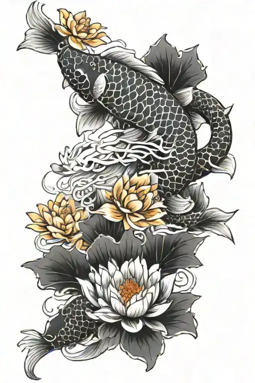 Koi Carp Dragon Lotus Flower