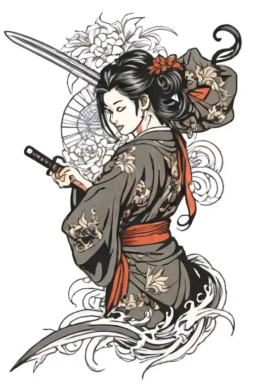 Woman Katana Waves Red Spider Lily Flower