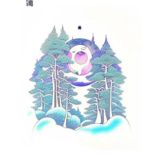 Mystical Forest With Shiny Moon And Blue Watercolor Backround