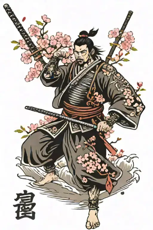 A Japanese Samurai Warrior Under A Cherry Blossom Tree