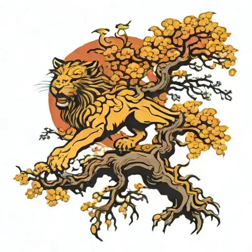 Tree With Lion And Phoenix Rising