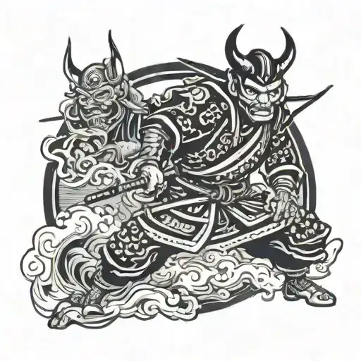 Samurai With Oni Mask Fighting