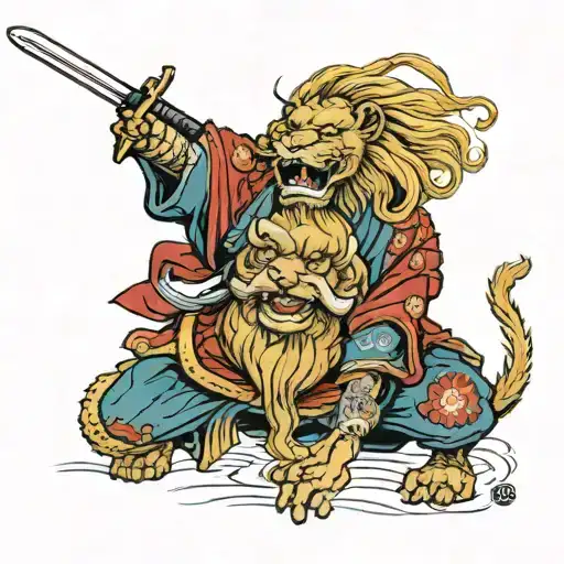 Samurai With Sword Fighting With Lion