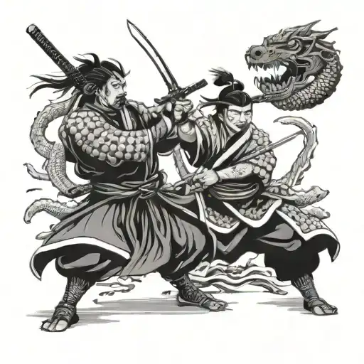 Samurai With Sword Fighting With Japanese Dragon In Black And White