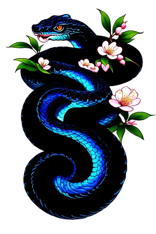 Blue Viper Snake On A Cherry Blossom Tree