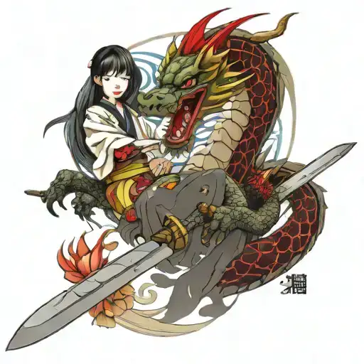 Dragon And The Sword With Japanese Geisha