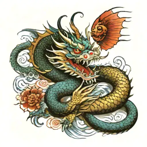 Dragon With Coi Fish And There Is A Geisha Who Is Looking At Them And Scared