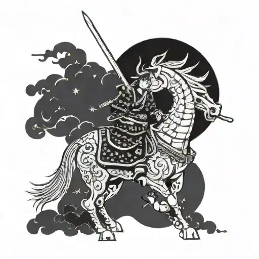 A Samurai Warrior Riding A Mythical Creature Through The Night Sky