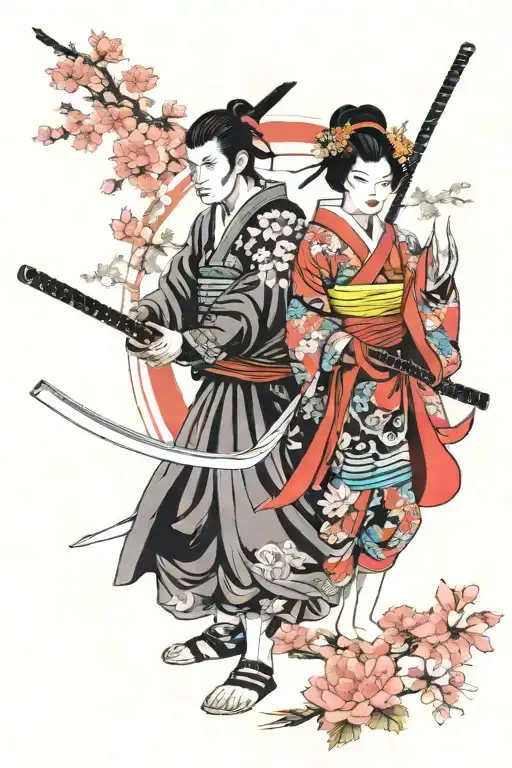 Samurai Warrior And Geisha Holding A Katana