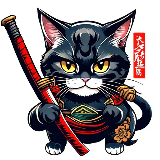 A Ninja Cat Holding A Katana In Its Mouth
