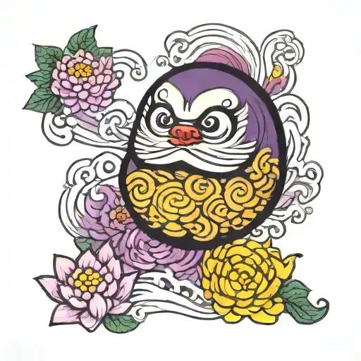 Purple Daruma With A Carp And A Lotus Flower