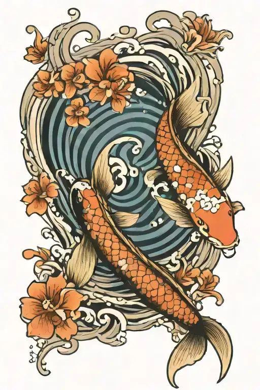 Waves With Koi Fish With Flowers
