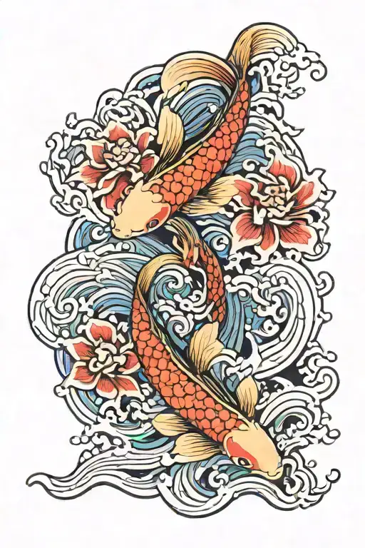 Waves With Koi Fish With Flowers Intertwined With Blackout Spots