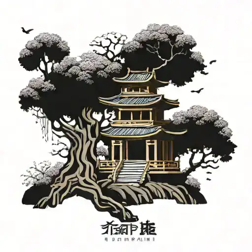 Temple Et Sakura Tree