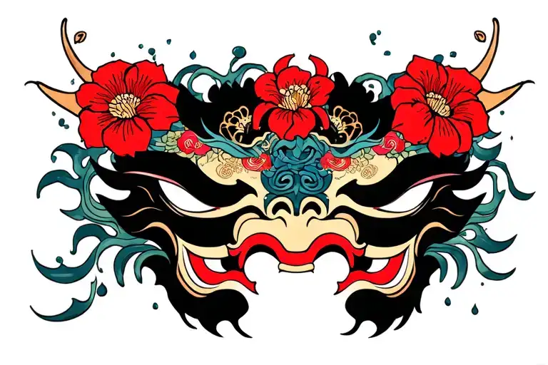 Oni Mask And Water And Flowers Intertwined