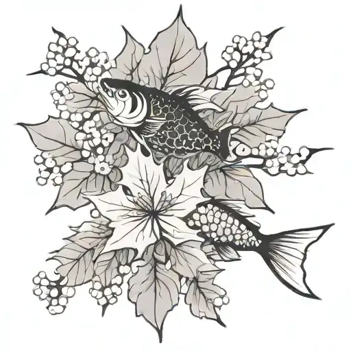 A Sketch Style Tattoo Of A Maple Leaf And Sakura Blossom Forming A Unique Pattern With Fish
